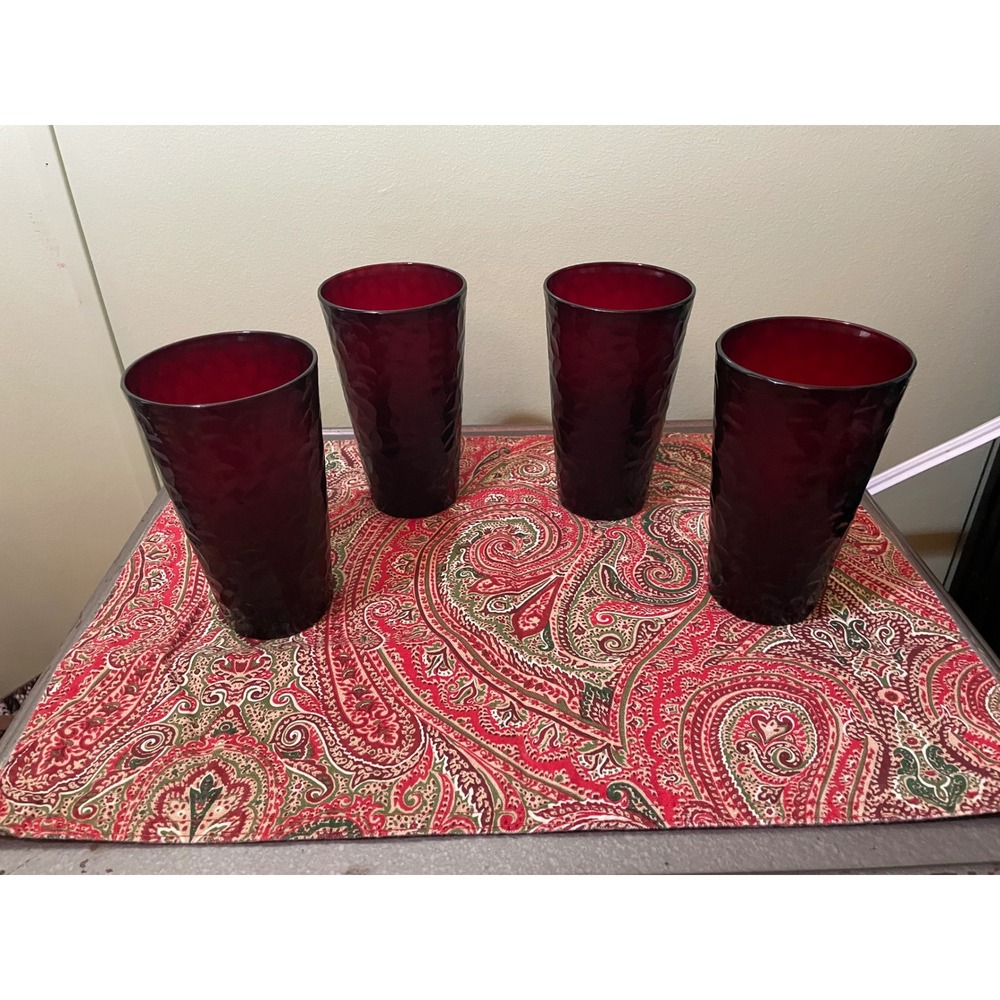 Arc France Ruby Red Hammered Glass Tumblers Set of 4 Drinking Glasses 5.75 inch